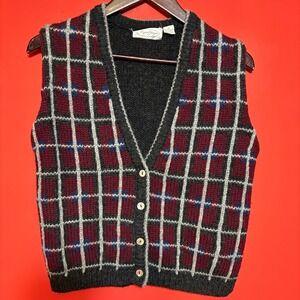 Jayson Younger Shetland‎ Wool Sweater Vest Plaid Burgundy Gray Mens Size M